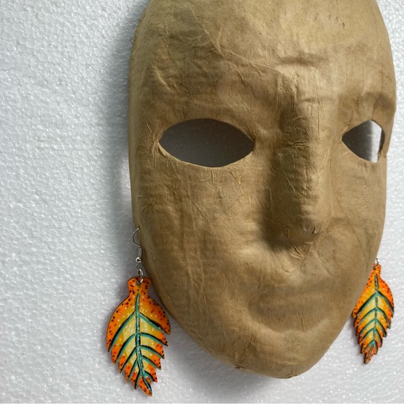 Hand Made Fall Orange Wooden Leaf Earrings Painted Wooden Autumn One of a Kind - Picture 3 of 10